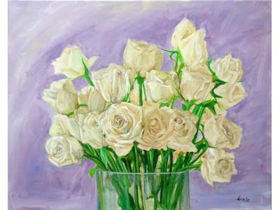 《白玫瑰花束》油画原创（共享租赁一个月单价45元）
